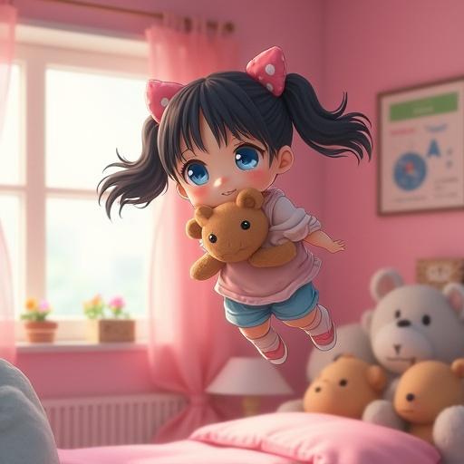 young girl with blue eyes holds teddy bear in her pink bedroom filled with stuffed animals, twin ponytails and bangs blown in the wind, floating near the ceiling in zero gravity