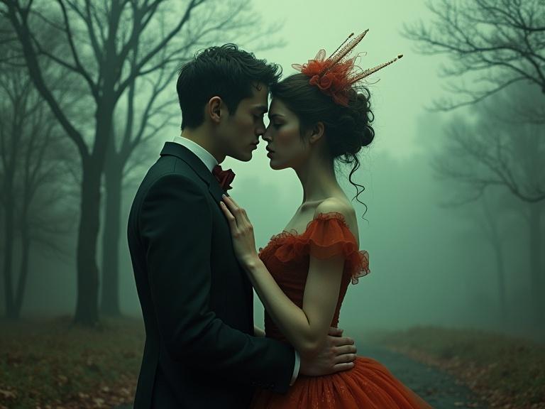 Surreal magical dystopia with a couple in focus. Dark fairytale setting with misty landscape. One person in a red dress and the other in formal suit. Ethereal and moody atmosphere.