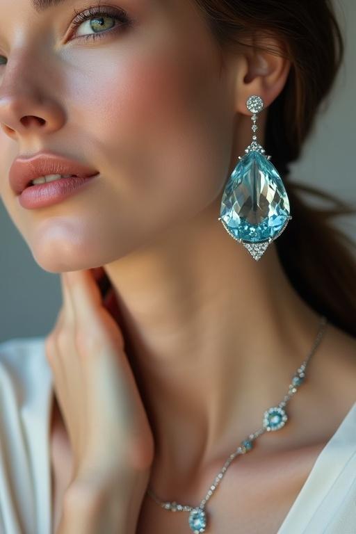 Close-up shot of a sophisticated model wearing exquisite aquamarine jewelry. Highlights stunning aquamarine pendant, matching earrings, and delicate bracelet. Soft ambient lighting with a light neutral background. Model features minimal makeup, showcasing natural beauty. Jewelry in sharp focus capturing reflections and intricate details.