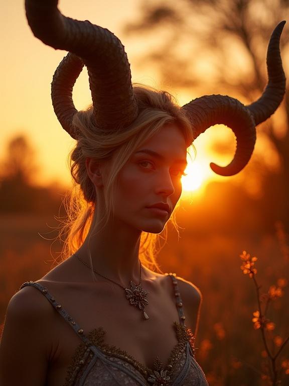 Hyper-real photograph featuring a woman with horn-shaped hairstyle during sunrise. Cinematic lighting enhances the scene. The photograph is high resolution with extensive details and warm colors.