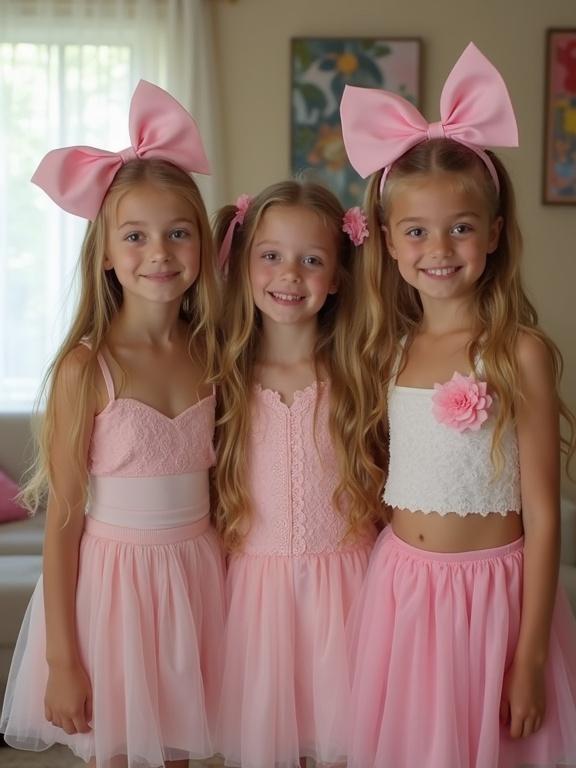 Three girls standing together at a birthday party in a living room. Each girl has long blonde hair with pink bows. They wear pink dresses and smile happily. The setting is bright and cheerful.