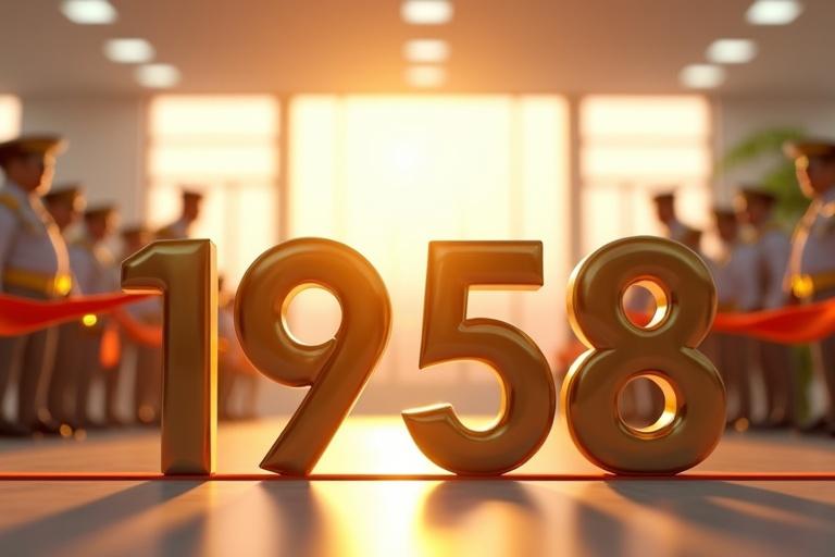 Vibrant 3D animation of a calendar flipping to January 1st 1958. Bustling India DRDO office opening ceremony is depicted. Bright sunlight streams through windows illuminating officials cutting a ribbon. Vivid colors of gold and white adorn the scene. Ultra-HD 4K depiction with a festive determined atmosphere reflecting Indian culture.