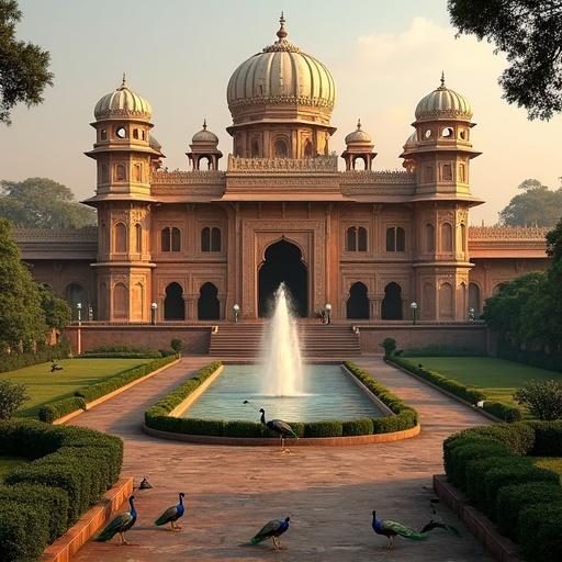 Image of a grand ancient Indian palace from the Gupta period with intricately carved sandstone walls. Large domes feature prominently. Lush gardens and fountains surround the structure. Peacocks are seen roaming freely in the area. The evening sun casts a golden glow highlighting the grandeur of the palace.