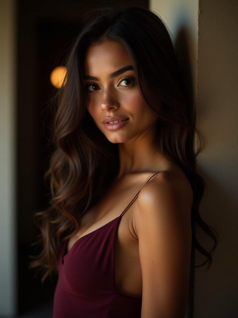 Close-up portrait of a young attractive latina woman leaning against a wall. Features soft natural lighting. Long dark brown hair cascading in waves. Well-defined eyebrows enhance natural beauty. Subtle makeup focuses on eyes and lips. She wears a deep burgundy spaghetti-strap dress with low neckline. Calm and inviting expression with gentle smile. Background is blurred dark creating bokeh effect. Soft light visible in the background. Overall warm intimate tone with professional clarity and detail.