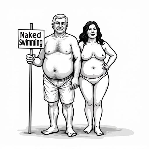 Line art featuring an old couple holding a sign. The sign reads 'naked swimming'. Both figures are naked. The man has short grey hair and a goatee. He is of average weight. The woman has long black hair and is slightly overweight. The style is sexy and hand drawn.
