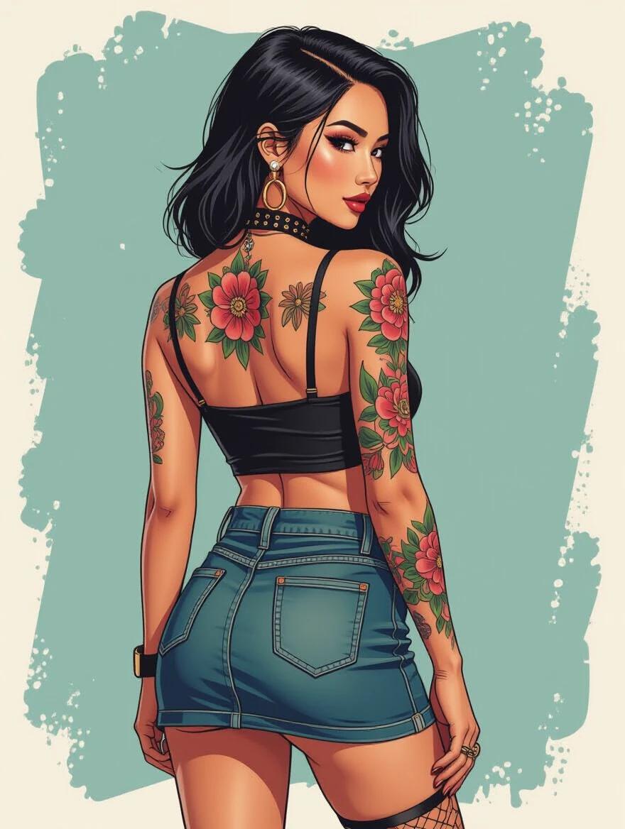 Stylish Asian woman with tattoos showcasing back view. She wears a black crop-top and a denim mini skirt. Hair is dark and flowing. Tattoos are colorful floral designs. Image background is textured in teal color.