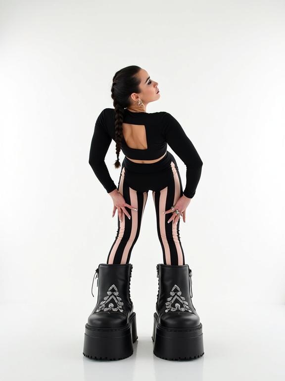 Full-body studio portrait of a woman viewed from low angle. She bends forward sharply, hands near ankles, looking back intensely at the camera under bright studio lighting. Minimalist white background creates high contrast. Outfit includes black long-sleeved top with back cutouts, high-waisted leggings with black and pink stripes, and massive black platform boots with silver logos. Dark hair in a braid, dramatic eye makeup, and decorated nails complete the look. The mood is bold and futuristic with a focus on details.