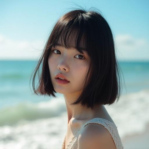 Japanese girl age 18 young woman with dark straight bob hairstyle sitting at sunny beach