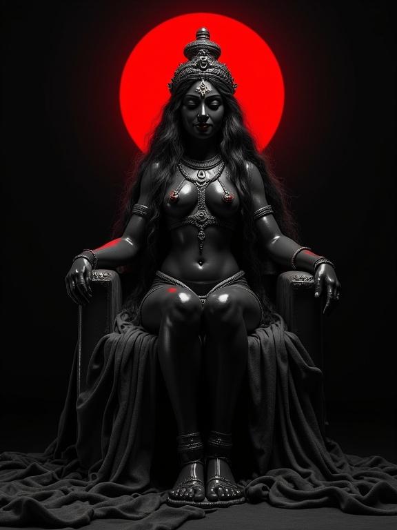 A goddess sits elegantly on a throne. Her body is jet black, covered in oily black paint. She has a third eye and a bindi on her forehead. Hair covers her body parts. She has long, thick black hair and wears anklets. One hand is in a blessing pose, the other rests on the throne. Her muscular frame contrasts against a black background with a red aura. She wears lipstick and smiles. A curved sword rests on the throne to her right.