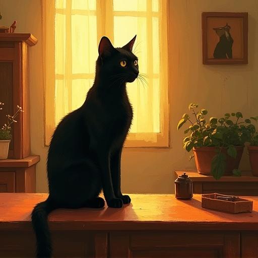 A black cat is sitting on the table. Soft golden hour lighting fills the room. The style is art brut. Indoor plants are visible in the background. The atmosphere is warm and inviting.