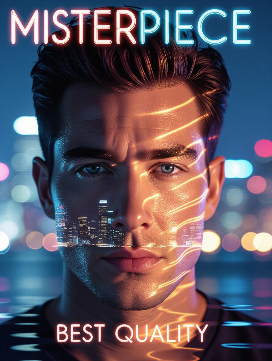 Close-up portrait of a man's face staring directly into the camera. Neon city lights and skyline overlay through double exposure. Glowing reflections ripple across his skin. Deep contrast between illuminated contours and shadowed eye sockets. Surreal cinematic atmosphere.