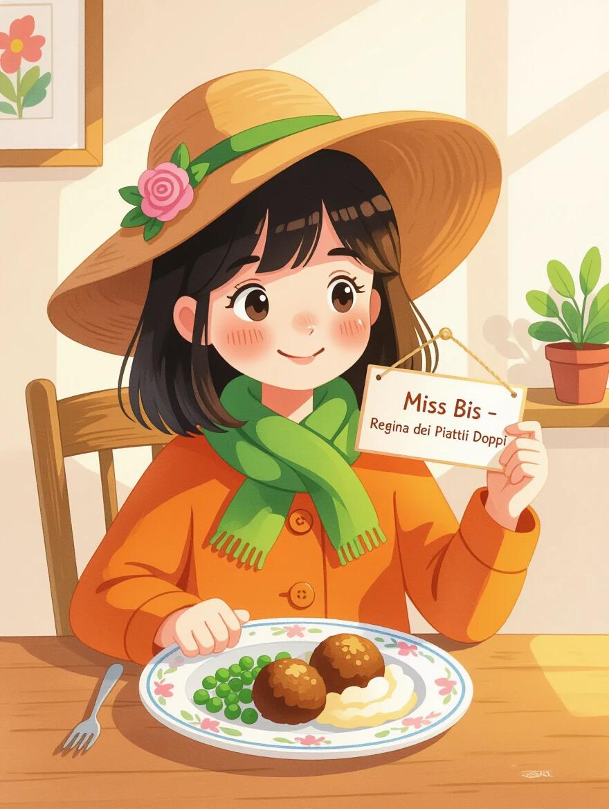 Illustration of a cheerful 10-year-old girl with shoulder-length black hair wearing a brown hat with a pink flower. She sits at a wooden dining table with a warm plate of peas and meatballs in front of her. The girl smiles while holding a nameplate that says Miss Bis. The scene is bright with a cozy feel and includes soft shadows and beige walls.