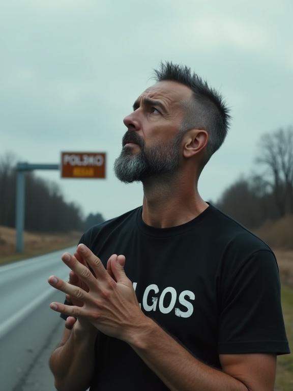 A man stands on the roadside with hands clasped. He has a buzz cut with grey sides. He is wearing a black t-shirt with HELGOS printed in white. His eyes are dark and sad. The climate is overcast with a grey sky. A road sign in the background says POLSKO. The mood is sorrowful and contemplative.