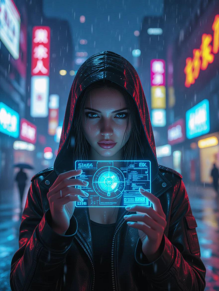 Cyberpunk style rainy night in the city. Character with holographic projection device. Rain drops suspended in air. Blurred neon billboards background. 3D realism illustration. 16:9 aspect ratio.