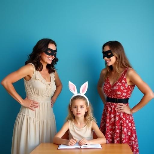 Two women in costumes with masks and one woman with bunny ears sit at a school desk. Blue background highlights the playful atmosphere. Women express excitement and surprise over a book.