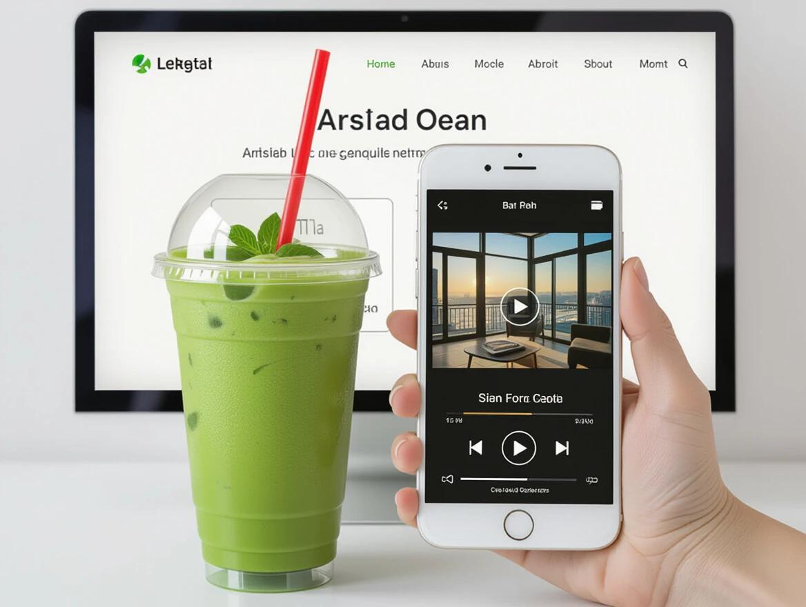 A clear cup of green drink with a red straw and green lid. A smartphone displays a music playback interface on a white background.