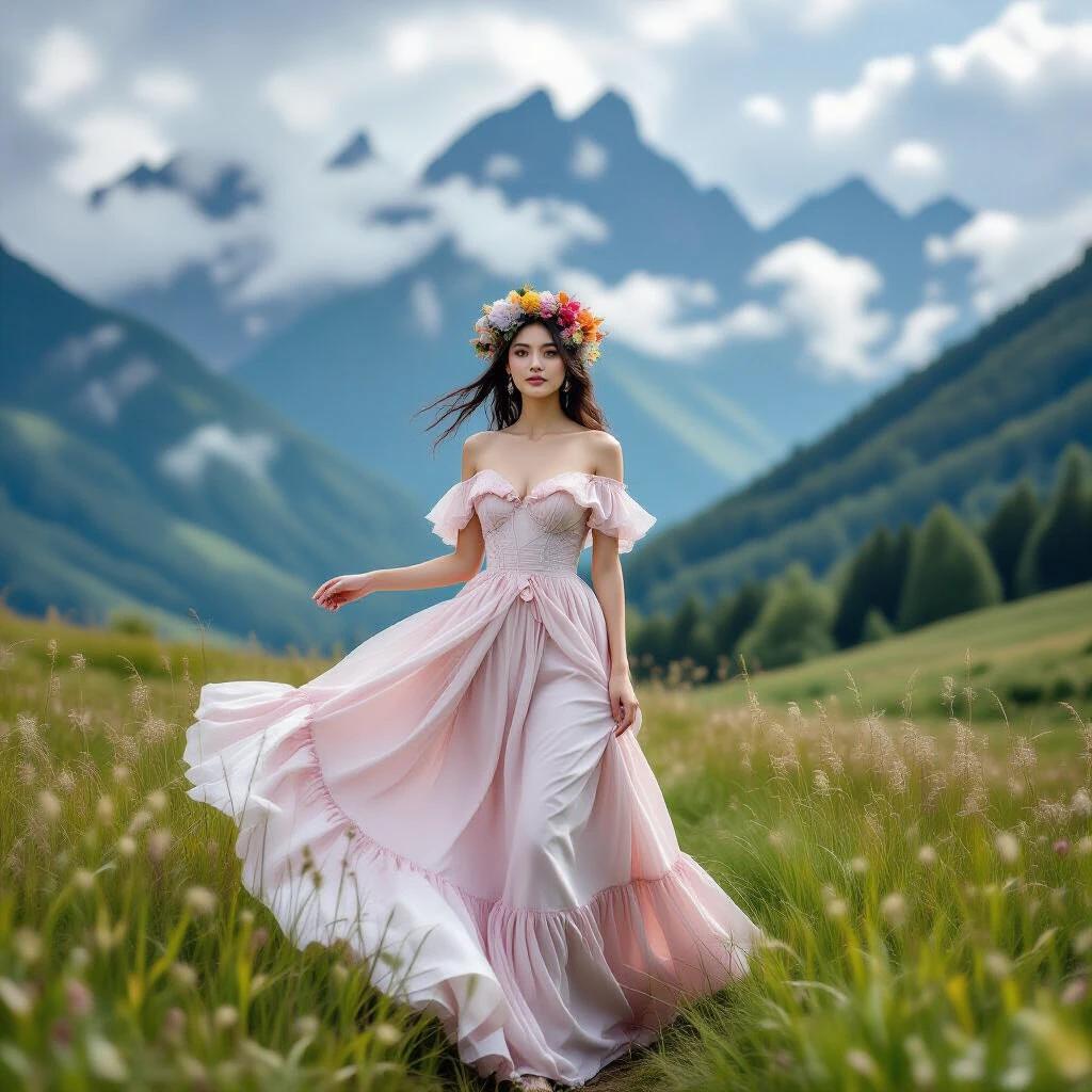 The image presents a dreamy natural scene with majestic mountains shrouded in clouds. A woman in a pink long dress dances in the grass, her dress flowing in the wind. She wears a floral crown that complements the natural surroundings. The overall tone is soft pink and blue, creating a romantic and dreamlike feel. The composition and color scheme infuse the scene with poetic and artistic essence, resembling a fairy tale world.