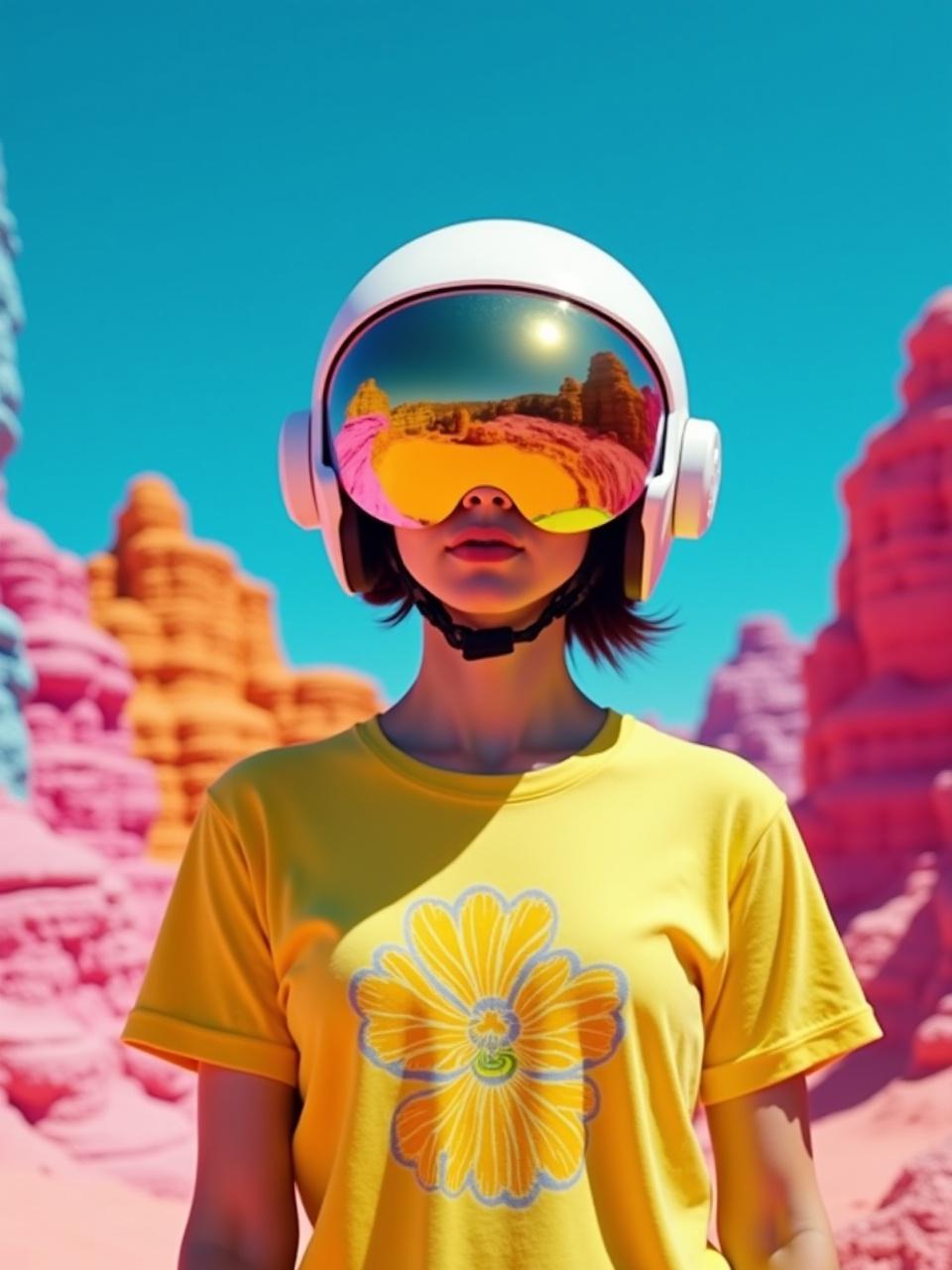 The image depicts a person wearing a futuristic helmet with reflective visor standing in a surreal landscape. The individual is dressed in a vibrant yellow t-shirt with a large floral design. The background features unusual rock formations in shades of pink and orange under a bright blue sky, giving the scene an otherworldly, vibrant appearance.