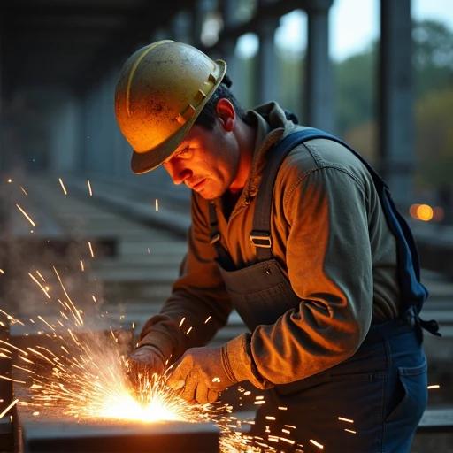 Construction worker wearing a helmet welding steel beams. Sparks illuminate overalls and workspace.