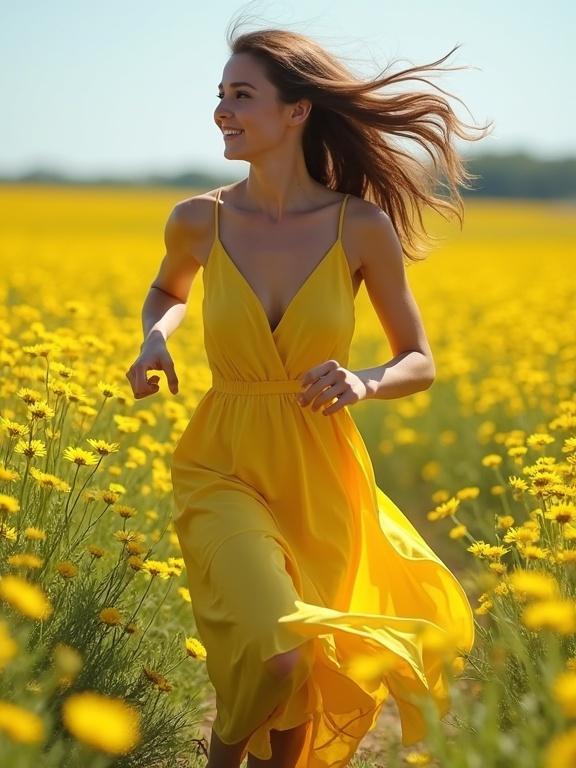 A woman wearing a yellow dress runs joyfully through a vibrant field of flowers. The bright sunlight enhances the colors of the dress and surrounding flowers.