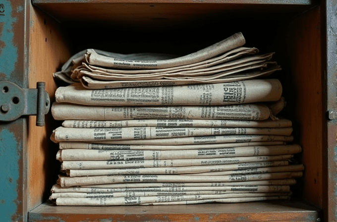 A stack of old newspapers neatly piled inside a rustic metal cabinet.