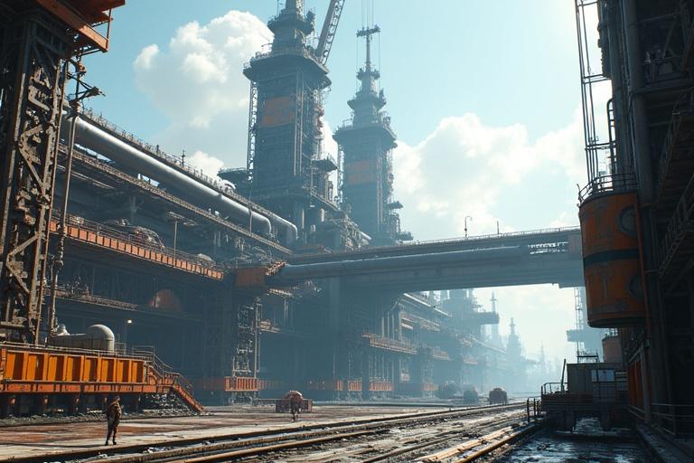 Detailed image of a futuristic shipyard base with huge metal structures and pipelines. Features metal steps, ladders, a large construction pit, a metal bridge, underpass, and extensive metal flooring. Bright sunny sky with clouds. Includes textures, shadows, and a vast perspective.
