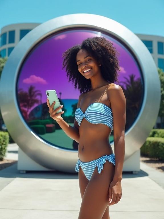 Photo of woman in blue and white stripe bikini taking selfie in front of circular glass structure. Structure has purple and green tinted glass. Woman has curly black hair and holds phone. She smiles outdoors in bright daylight. Modern building visible in background with glass walls and green accents. Shadows on concrete surface. Urban environment with vibrant colors and modern architecture.
