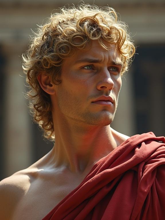 A young man resembling a Roman emperor is portrayed. He has mid-length blonde curly hair, smooth jawline, and a shaven face. His features are chiseled, akin to neoclassical artwork of figures like Caesar and Hadrian. His torso is visible, set against an outdoor backdrop with natural lighting. He appears to be around 30 years old.