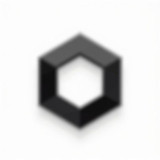 Modern minimalist logo design. 2D logo in black and white. Abstract hexagonal shape. Isometric view with sharp edges. Geometric symmetry and depth created with negative space and shadow. Suitable for tech or creative companies.