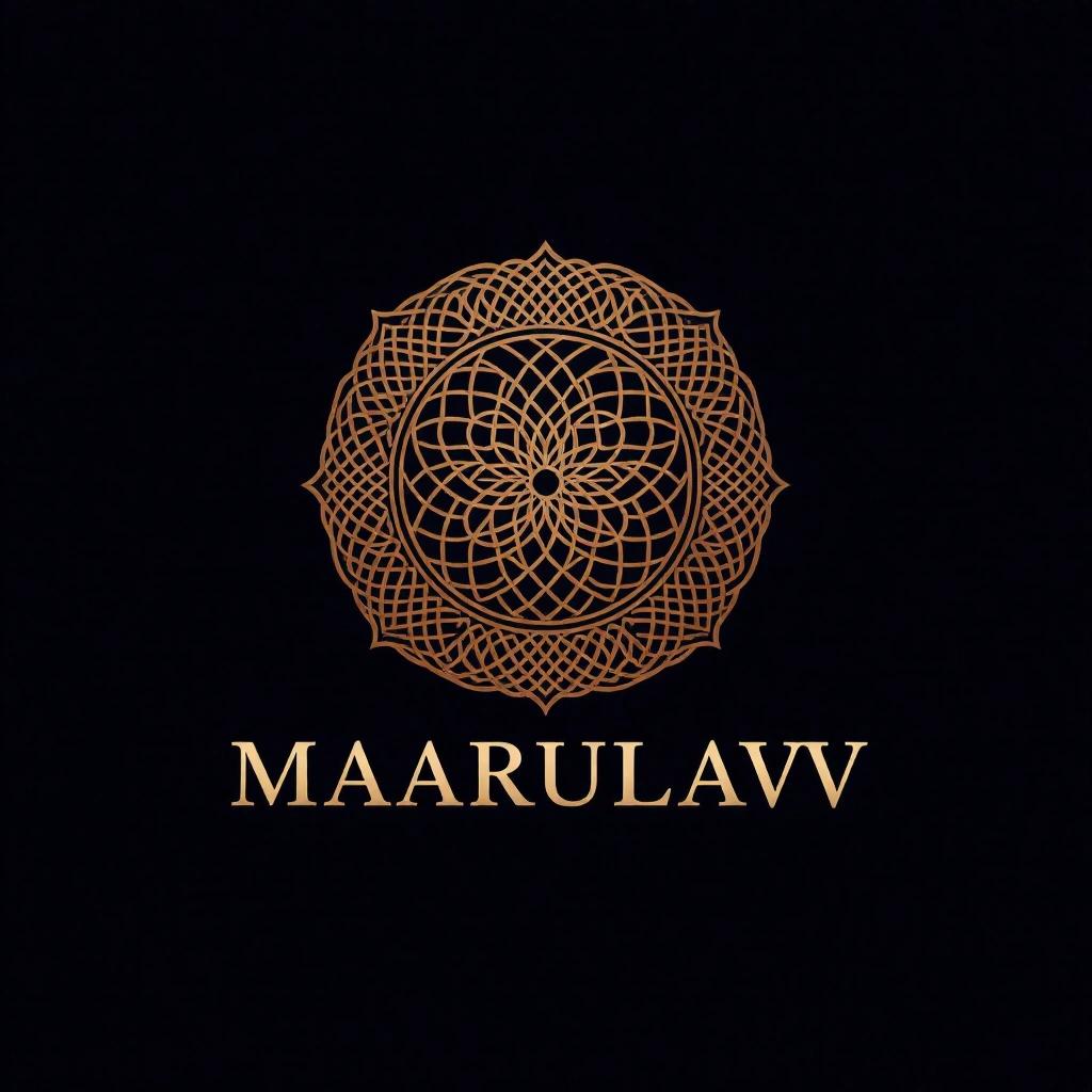 Logo design with the word Maarulav. Art includes a detailed circular mandala pattern. Background is solid black. Color scheme is gold details against a black backdrop. Design should evoke feelings of creativity and calmness. Focus on elegance and quality.