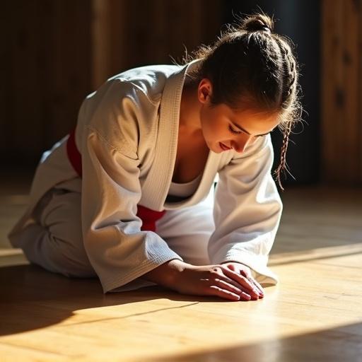 Close up shot of a kneeling female karate fighter. Upper body leans forward. Elbows touch the wooden floor. Focus directed downwards. Hair in cornrows. Wearing a karate gi. Sunlight shines on the wooden dojo floor.
