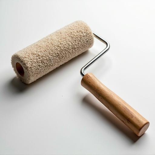 Paint roller with a fuzzy cover and wooden handle on a plain background