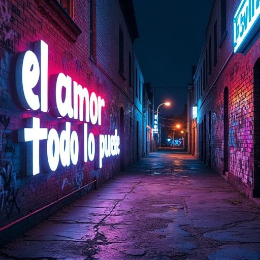 A hyperrealistic urban alleyway scene at twilight. Graffiti art covers brick walls with glowing reflections. Bold text 'el amor todo lo puede' in white spray paint style. Large negative space on the right for product placement. The scene includes deep blues purples and orange streetlights. Ultra detailed and cinematic quality with sharp textures.