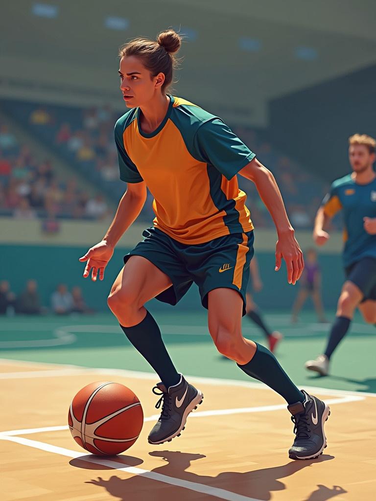 A basketball player dribbling a ball on the court. The player wears a vibrant orange and green uniform. The background shows a crowd in a sports arena. Focus on the player's athletic stance and the basketball.