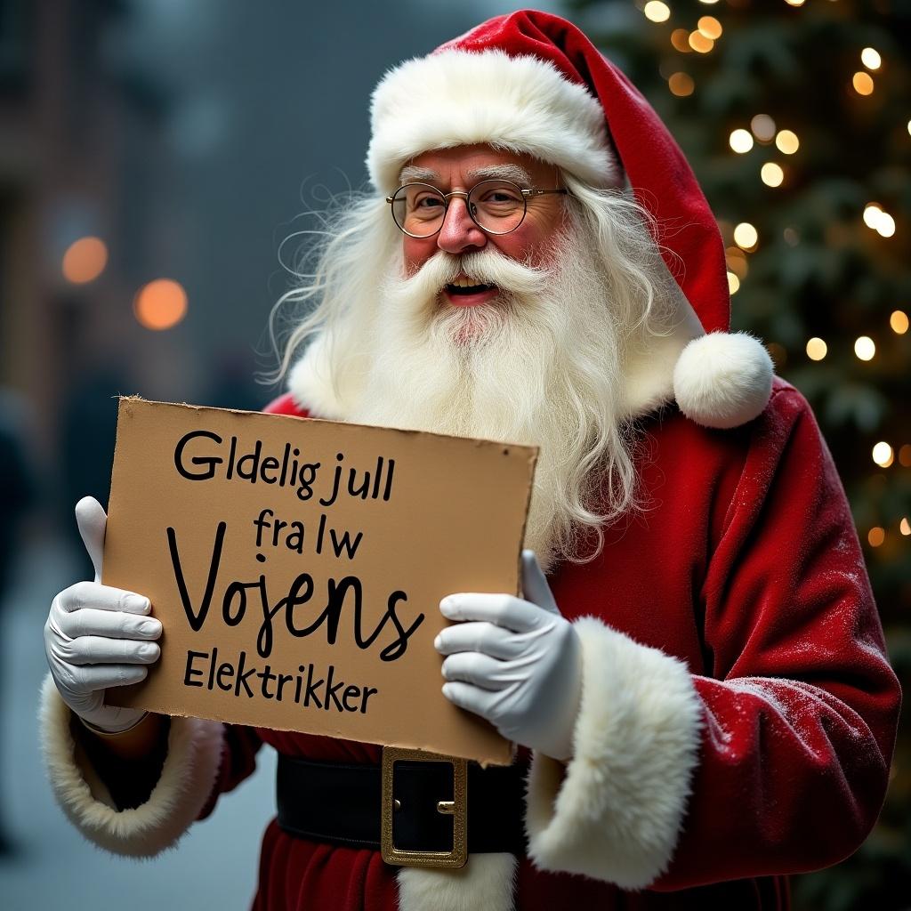 Santa Claus in traditional red suit holds a sign. Sign displays Glædelig jul fra Vojens Elektrikker. Christmas tree in background adds festive atmosphere.