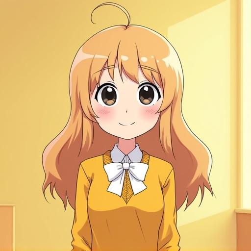 Anime girl with long wavy blonde hair and quirky ahoge. Wide black googly eyes and friendly smile. Wearing a mustard yellow sweater and white bow tie. Standing in a yellow classroom. Simple style with flat shading and clean lines. Wholesome and cheerful expression with quirky posture. Soft indoor lighting.