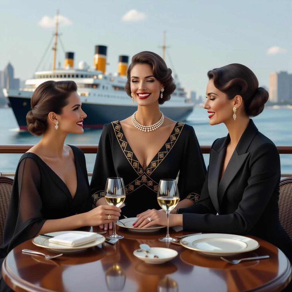 Three elegantly dressed characters seated at a round macassar ebony table on the upper deck of SS Normandie during the evening. The setting features Art Deco maximalist style with a luxurious ambiance and ocean backdrop. Females in black satin dresses with geometric gold accents and a hallmark hairstyle. Male in a platinum-lapeled tuxedo and another in a naval uniform.