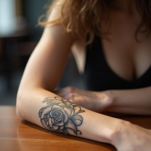 Close-up photo of a woman’s forearm with a black ink tattoo in natural lighting at a café. Background softly blurred with realistic skin texture and shadows. Tattoo prominently displayed as arm rests on the table.