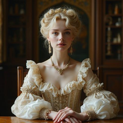 Woman with elaborate Renaissance hairstyle and intricate dress sitting behind a wooden table. Full-body portrait of a young noblewoman, smiling slightly. Soft magical lighting creates an otherworldly atmosphere in a period room.