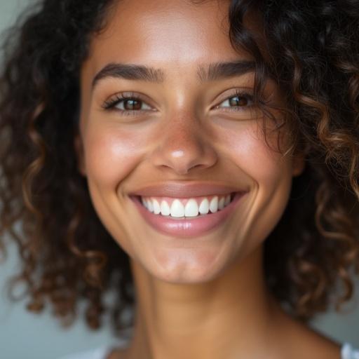 Young female with curly hair smiling widely in a frontal view. Soft lighting enhances her natural beauty. Whole face captured in detail with exposed teeth.