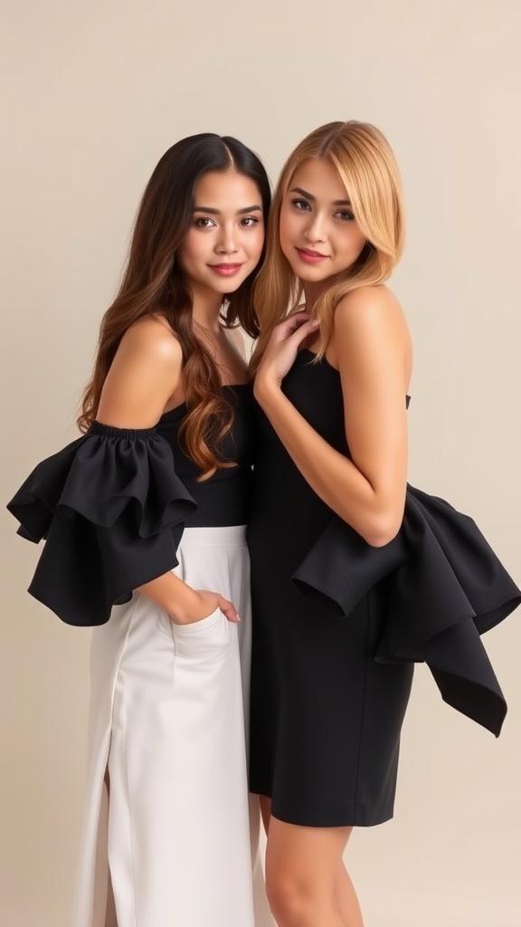 Two women standing together, wearing stylish black and white outfits with ruffled sleeves, neutral background.