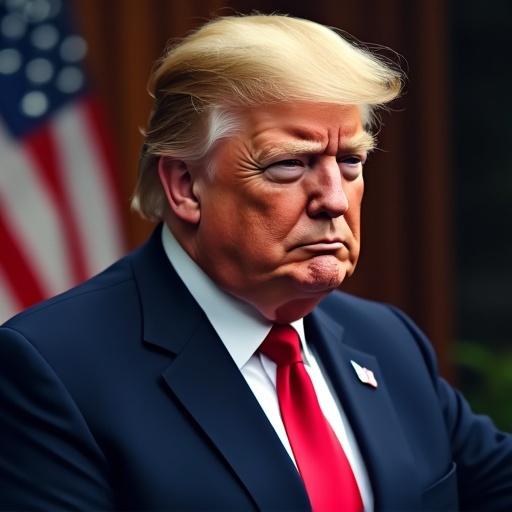 A person in a suit with blonde hair stands confidently. Red tie is prominent. Background features an American flag.