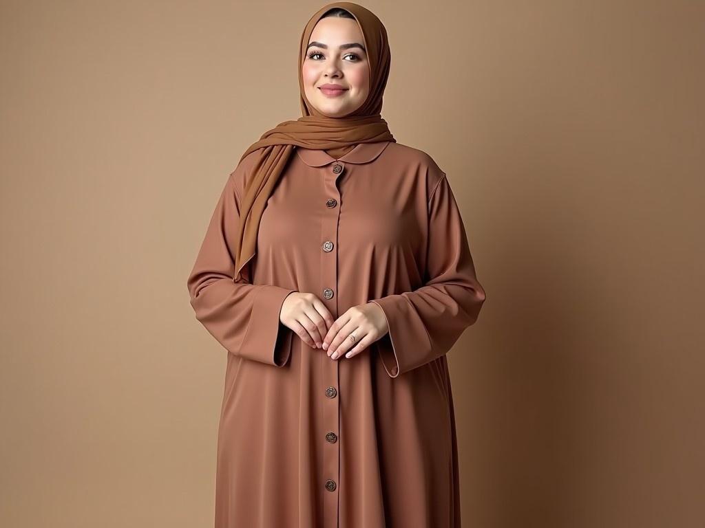 The image features a plus size woman with a round face, wearing a hijab and a stylish abaya. She stands confidently in a studio, directly facing the camera. The earth tone color palette creates a warm, inviting atmosphere. Her natural lipstick complements her overall look. The soft studio lighting highlights her features, making her appear approachable and fashionable.