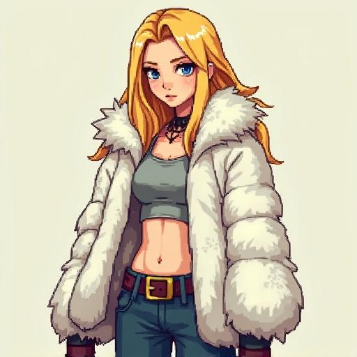 Post apocalyptic blonde girl character with white fur coat and crop top drawn in pixel art style no background