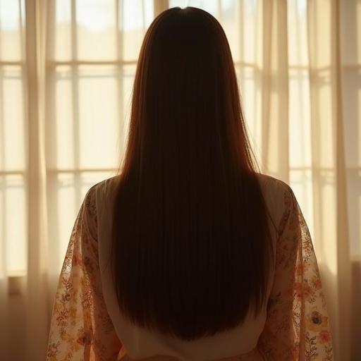 A person with beautiful straight hair viewed from the back, illuminated by bright ceiling light.