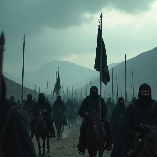 A cinematic scene depicting the arrival of a Muslim army amidst a grey sky. The army marches in formation, dressed in dark armor. Each soldier is covered in black cloth, with sharp eyes visible. Banners with golden Arabic calligraphy wave in the wind. The sounds of marching feet and drums fill the air. A commander leads at the front, flanked by archers and infantry, while cavalry units ride Arabian horses. The camera reveals the full scope of the army against a dramatic sky.