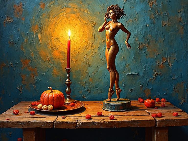 Vibrant still life arrangement. Rustic wooden table. Pole dancer sculpture. Flickering candle with golden flame. Blue, textured wall background. Thick, expressive brushstrokes. Dynamic shadows from candlelight.