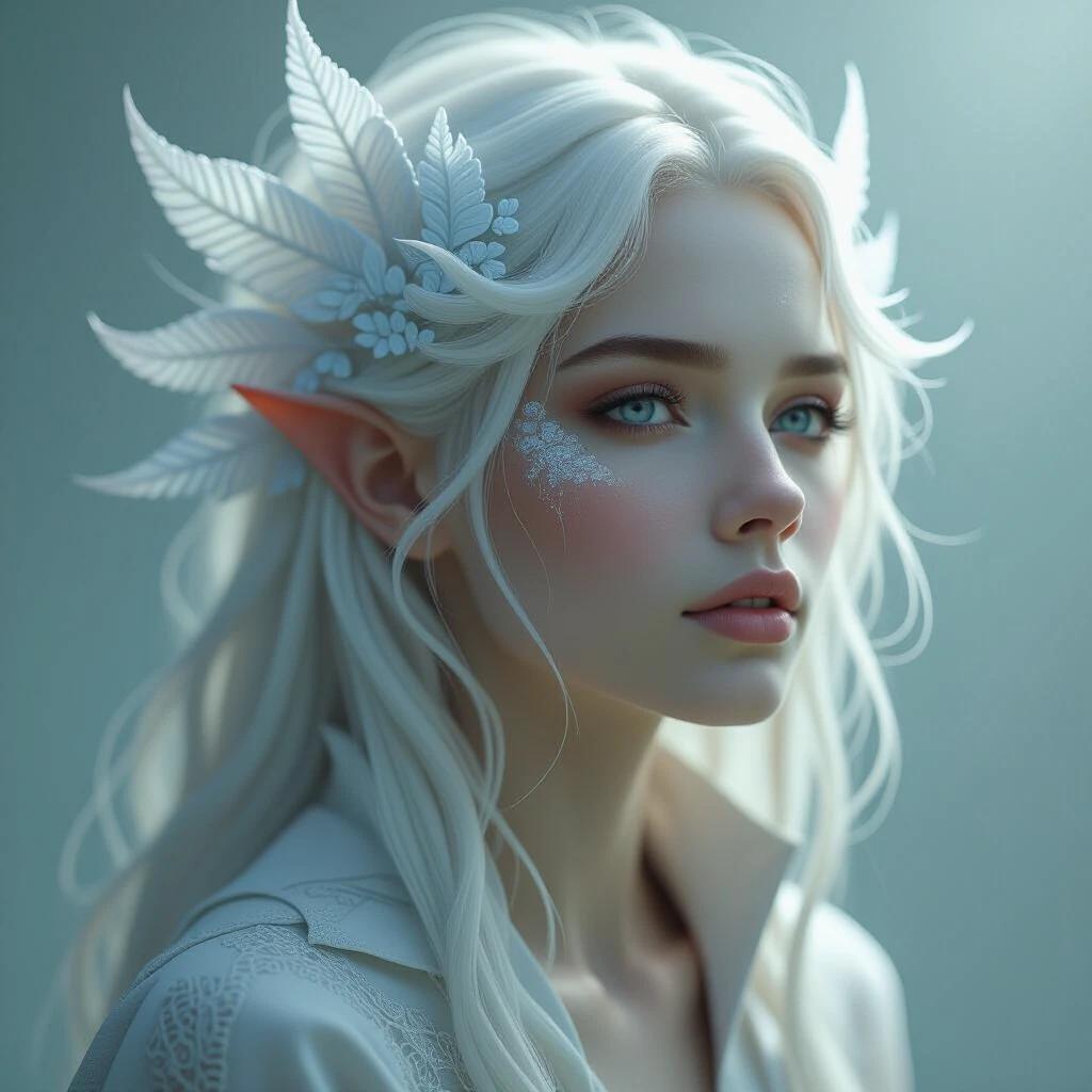 An ethereal being with striking features. White hair adorned with leaves and flowers. Soft, serene expressions with light pastel colors. Detailed facial design. Elegant and mystical atmosphere.