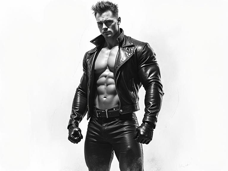 Bold muscled guy with leather tight costume bare legs looking into the camera at a dutch angle. Style hyper-detailed graphite sketch with Sin City contrast.