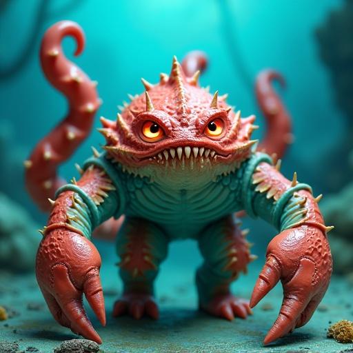 Design a toy-style sea monster with exaggerated proportions crab-like arms seaweed patterns barnacle armor face has coral-carved mask glowing eyes gill-like slits stylized like collectible figure colors deep blue turquoise sea green coral red